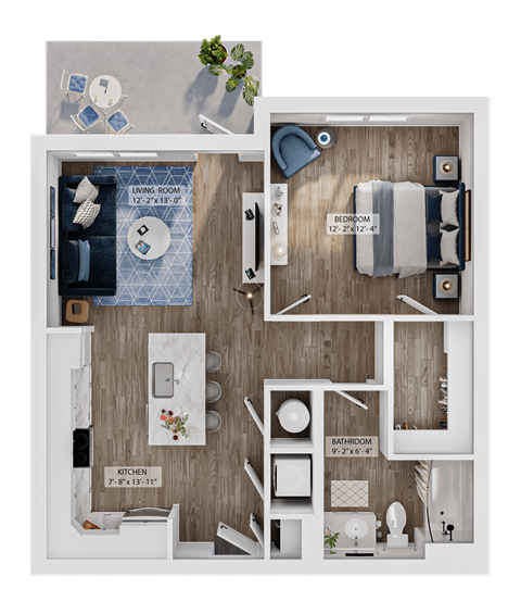 Floor plan for 1 bed, 1 bath, 726 sqft